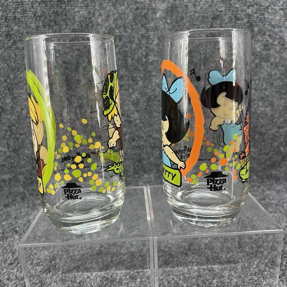 1986 Pizza Hut Flintstone Kids Glasses Barney & Betty Hanna-Barbera Set Of 2